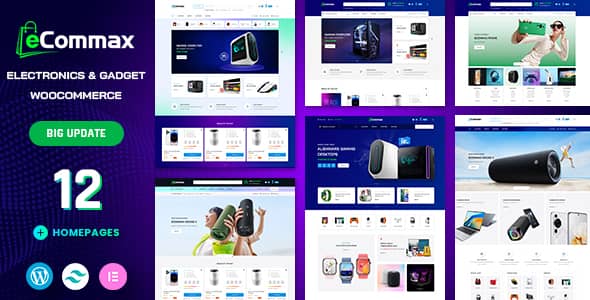 Ecommax electronics WooCommerce theme homepage layout preview with product grid and navigation