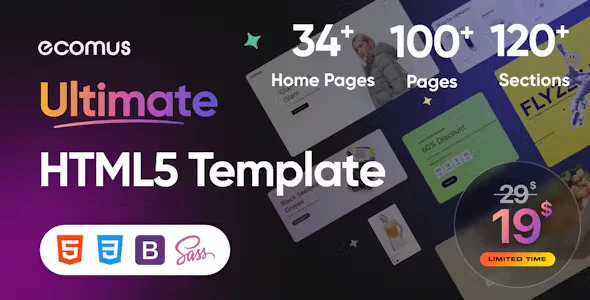 Ecomus Bootstrap eCommerce template demo showing responsive fashion store homepage on desktop and mobile
