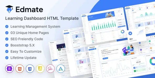 Edmate learning dashboard HTML template preview showing education platform interface with course and scheduling sections