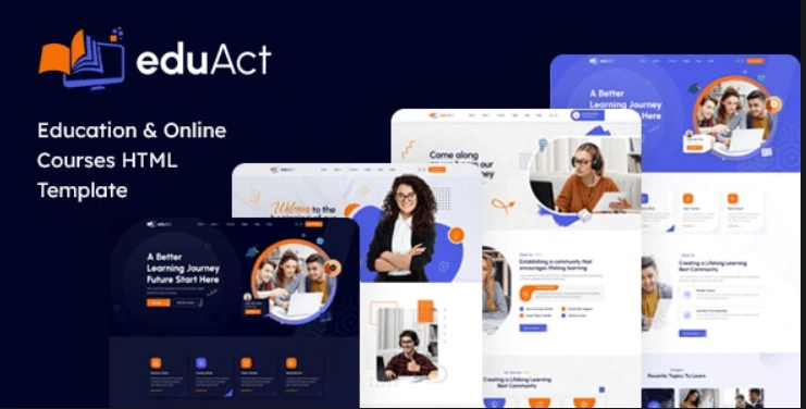 EduAct education HTML template preview showing four home page variations for LMS and course websites