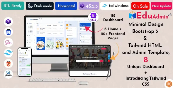 Eduadmin Bootstrap 5 admin template dashboard with analytics widgets and CRM-style interface