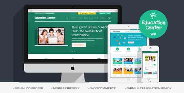 Education Center WordPress theme homepage showing online course catalog with LearnDash integration