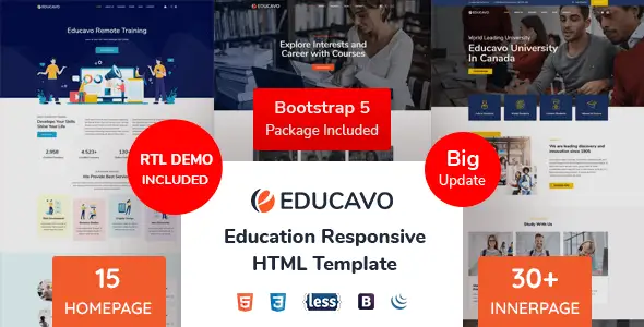 Educavo education HTML5 template preview showing homepage and course pages