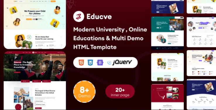 Educve education HTML template showcasing homepage layouts for universities and online courses