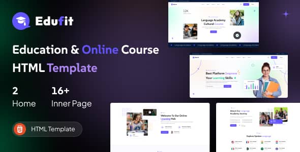 Edufit education HTML template preview showing responsive online course website layout