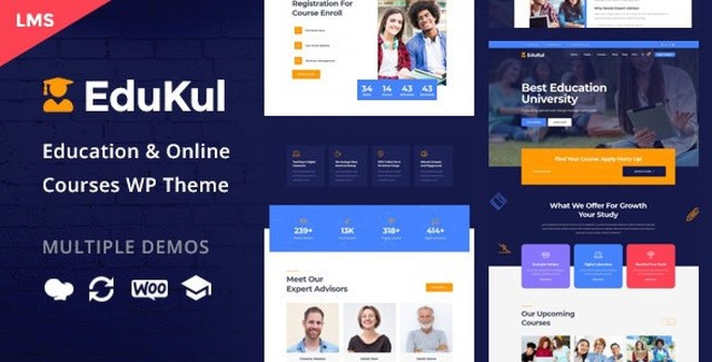 Edukul WordPress LMS theme preview showcasing a modern education website layout