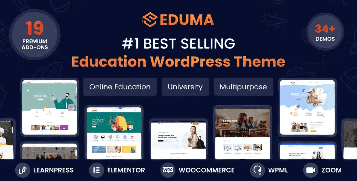 Eduma education WordPress theme dashboard showcasing course management and Elementor customization