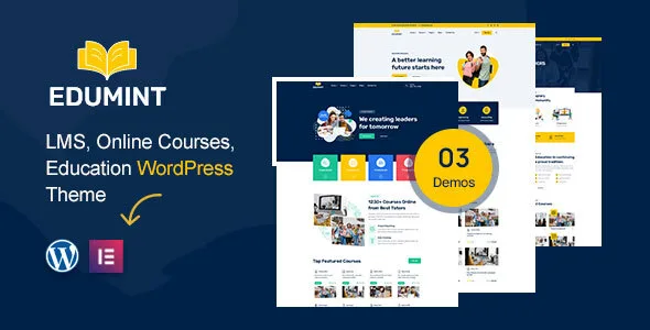 Edumint LMS WordPress theme preview showing a modern online education course website layout