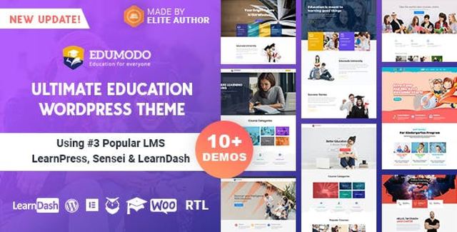 Edumodo education WordPress theme dashboard showing online course layouts and LMS features