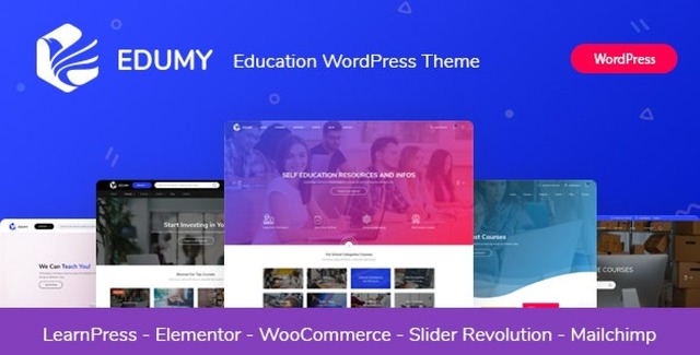 Edumy Education WordPress Theme homepage showing course listings and Elementor page builder interface