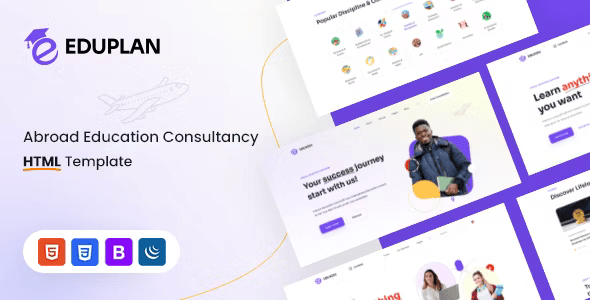 Eduplan education HTML template with Tutor LMS preview showing homepage layout