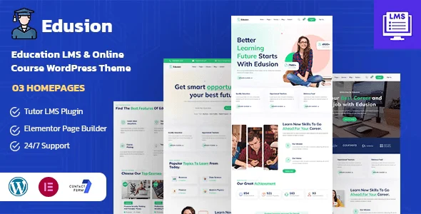 Edusion Education LMS WordPress theme homepage preview showcasing Elementor-powered design with home slider and course display