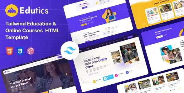 Edutics Tailwind education HTML template showcasing responsive homepage layouts for online courses and university websites