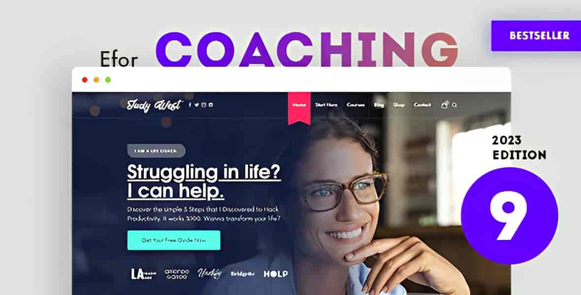 Efor coaching WordPress theme homepage showing hero section, course grid, and client testimonials