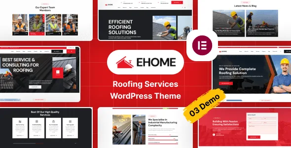 Ehome roofing services WordPress theme showcasing a modern professional website layout for roofing contractors