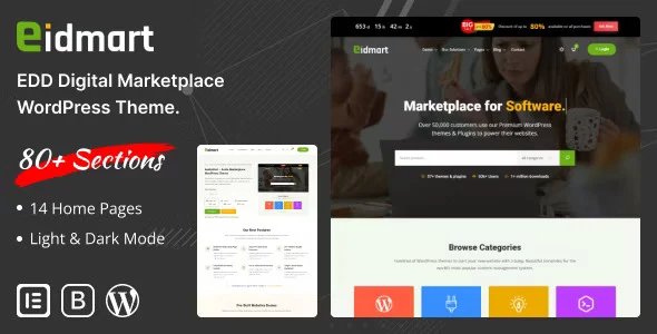 Eidmart Digital Marketplace WordPress Theme preview with Elementor page builder and EDD integration