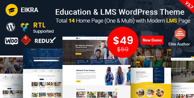 Eikra Education WordPress Theme homepage demo showcasing a modern online learning platform with course listings