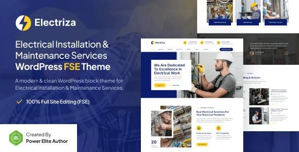 Electriza electrical services WordPress theme with full site editing and Gutenverse compatibility
