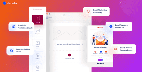 Elemailer Elementor email builder interface showing drag-and-drop newsletter design with live preview