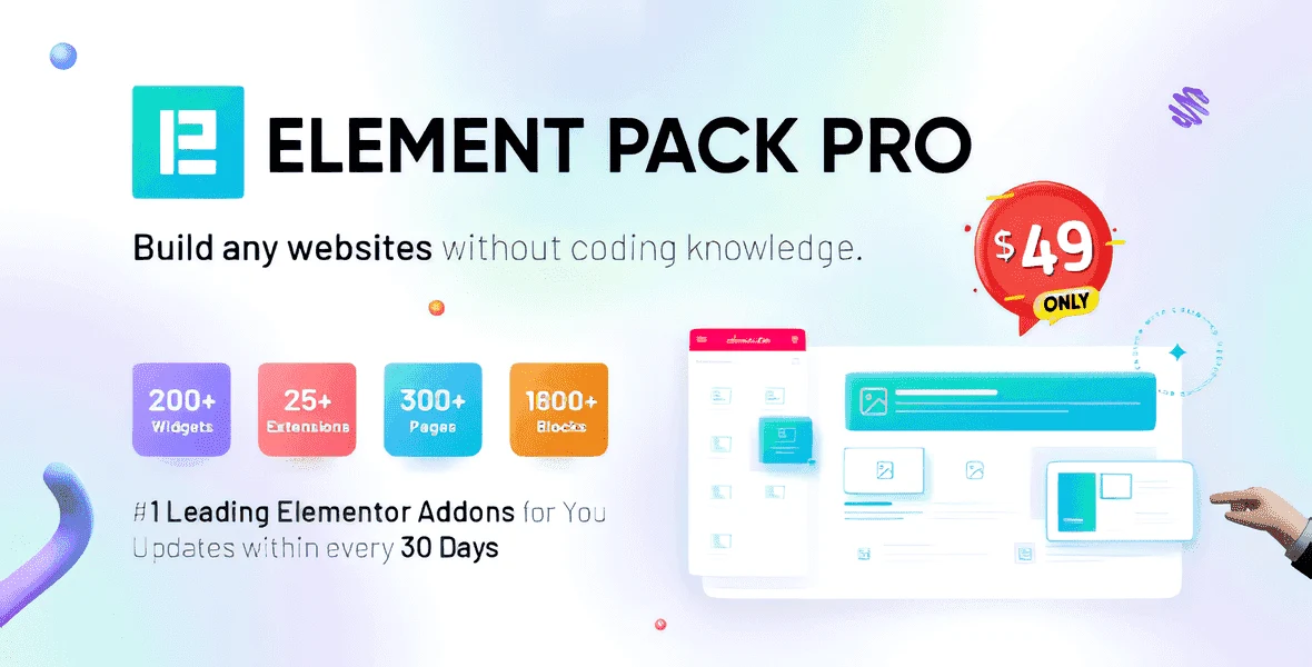 Element Pack Elementor addon dashboard showing widget library with 150+ elements