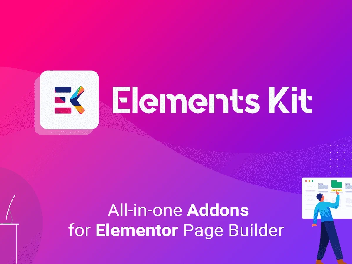 ElementsKit Elementor addons plugin dashboard showing widget library, header footer builder, and layout kit interface