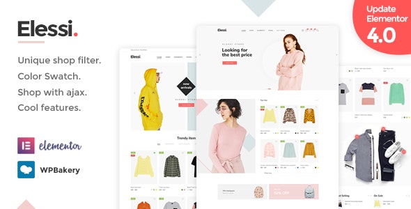 Elessi WooCommerce theme homepage showing modern storefront with AJAX filtering sidebar and quick view popup