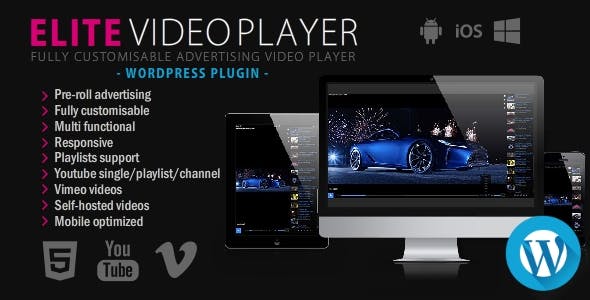 Elite Video Player WordPress Plugin interface showing customizable controls and ad slots