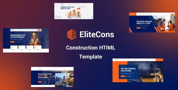 Elitecons construction HTML template homepage preview showing responsive design with Elementor PRO editor
