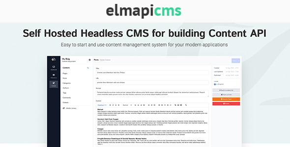 ElmapiCMS headless CMS PHP script admin dashboard showing content management interface