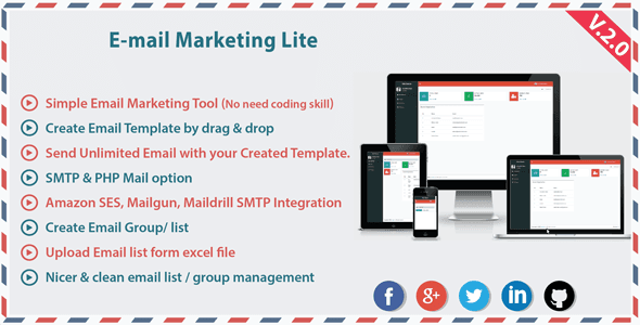 Email Marketing Lite PHP script dashboard for mass email campaigns with template editor and contact list management