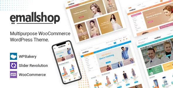 EmallShop multipurpose WooCommerce WordPress theme dashboard showing demo options and Visual Composer page builder interface