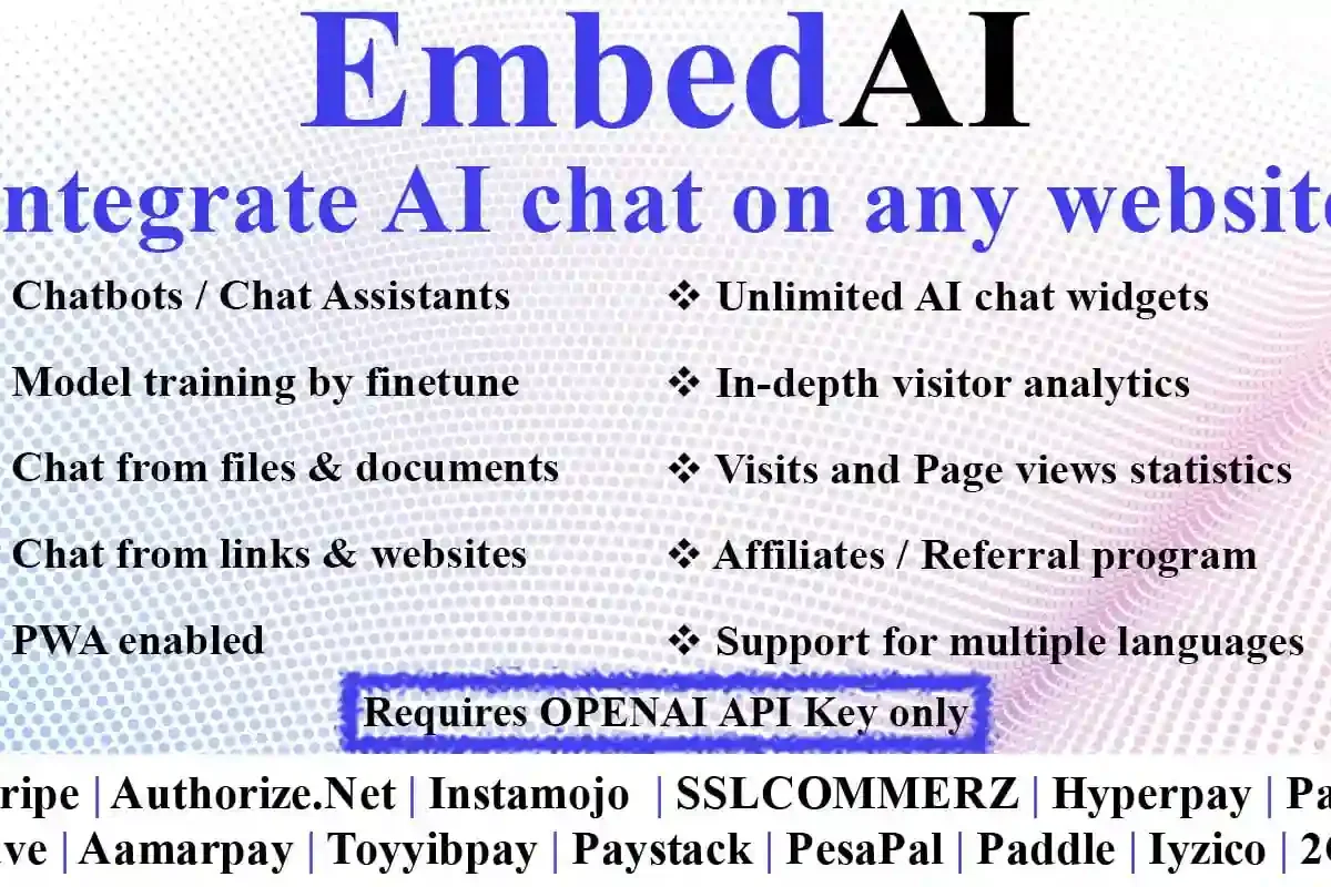 EmbedAI AI chat PHP script interface showing chat widget integration options for documents, sitemaps, and website links