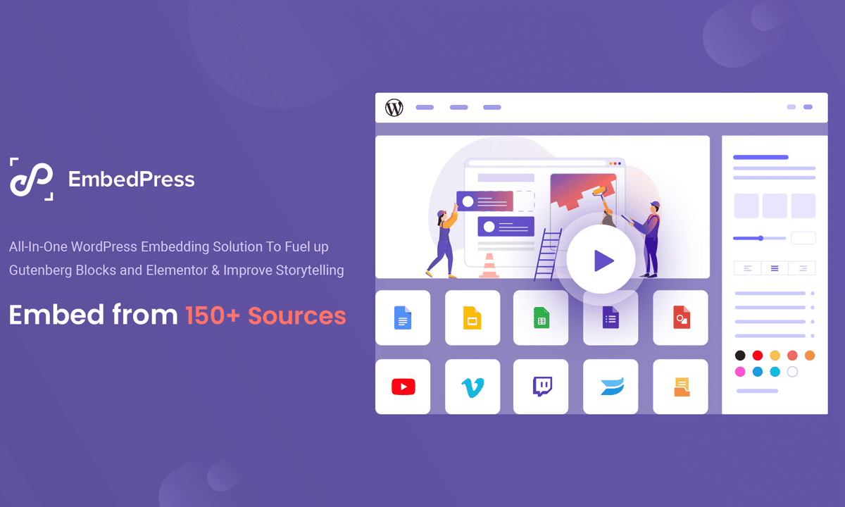 EmbedPress Pro WordPress plugin interface showing URL paste embed workflow for Facebook, Google Maps, and video sources