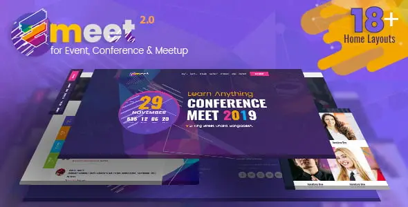 Emeet event HTML template preview showing responsive conference and meetup layout design