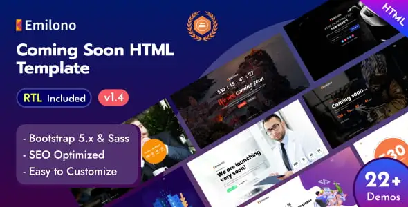 Emilono coming soon HTML template preview showing multipurpose landing page layouts
