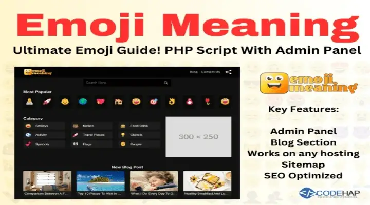 Emoji Guide PHP Script admin panel showing emoji management interface