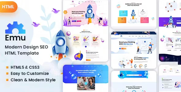 Emu marketing agency HTML template preview showing responsive Bootstrap layout
