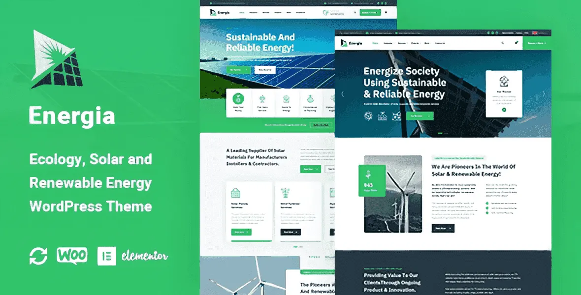 Energia renewable energy WordPress theme with Elementor PRO layouts for solar and green energy websites