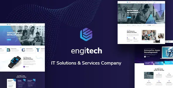 Engitech IT solutions HTML template homepage preview showing clean technology design with service cards and CTA