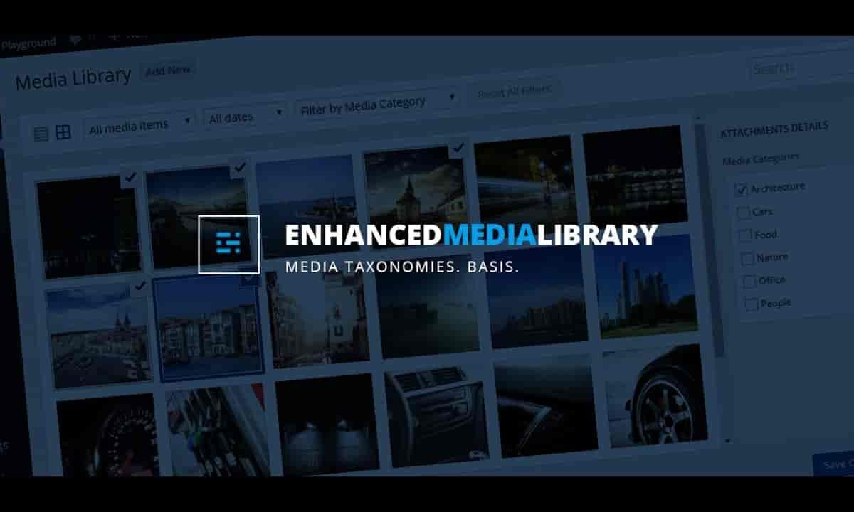 Enhanced Media Library PRO WordPress plugin interface showing bulk media editing and dynamic gallery features