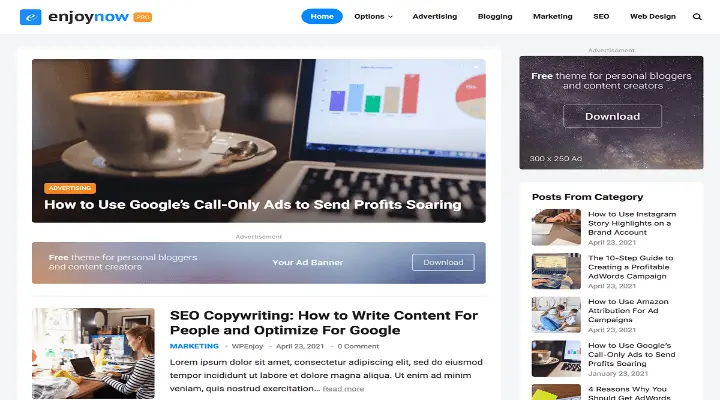 EnjoyNow Pro blog magazine WordPress theme displaying a clean modern layout with ad placements