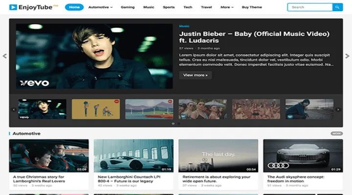 EnjoyTube Pro video sharing WordPress theme displaying responsive video platform layout