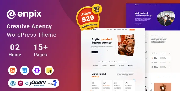 Enpix creative portfolio WordPress theme homepage showcasing agency projects and team