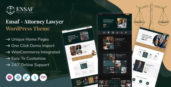 Ensaf lawyer WordPress theme preview showing a professional law firm website layout