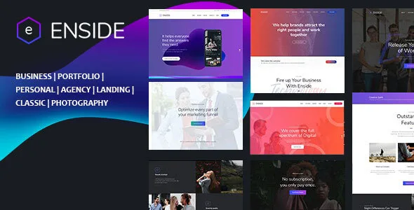 Enside multipurpose one-page HTML template showing responsive design across desktop, tablet, and mobile with portfolio layout examples