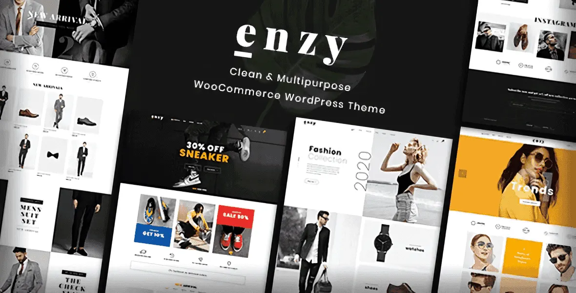 Enzy multipurpose WooCommerce theme homepage demo showing fashion store layout with mega menu, product grid, and slider