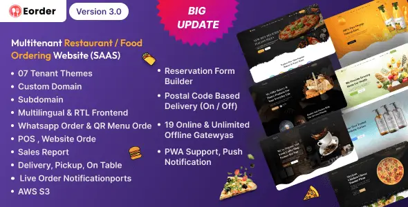 Eorder multitenant restaurant food ordering SaaS dashboard showing tenant management and package configuration