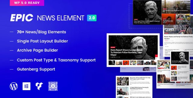 Epic News Elements WordPress plugin interface showing news and magazine layout elements for Elementor and WPBakery