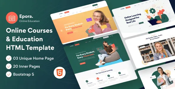 Epora education HTML5 template homepage demo showcasing online course layout