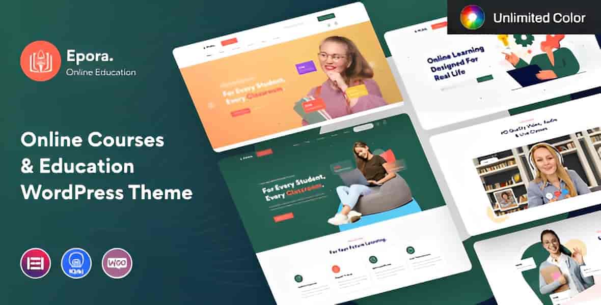 Epora education WordPress theme homepage with Tutor LMS online course layout